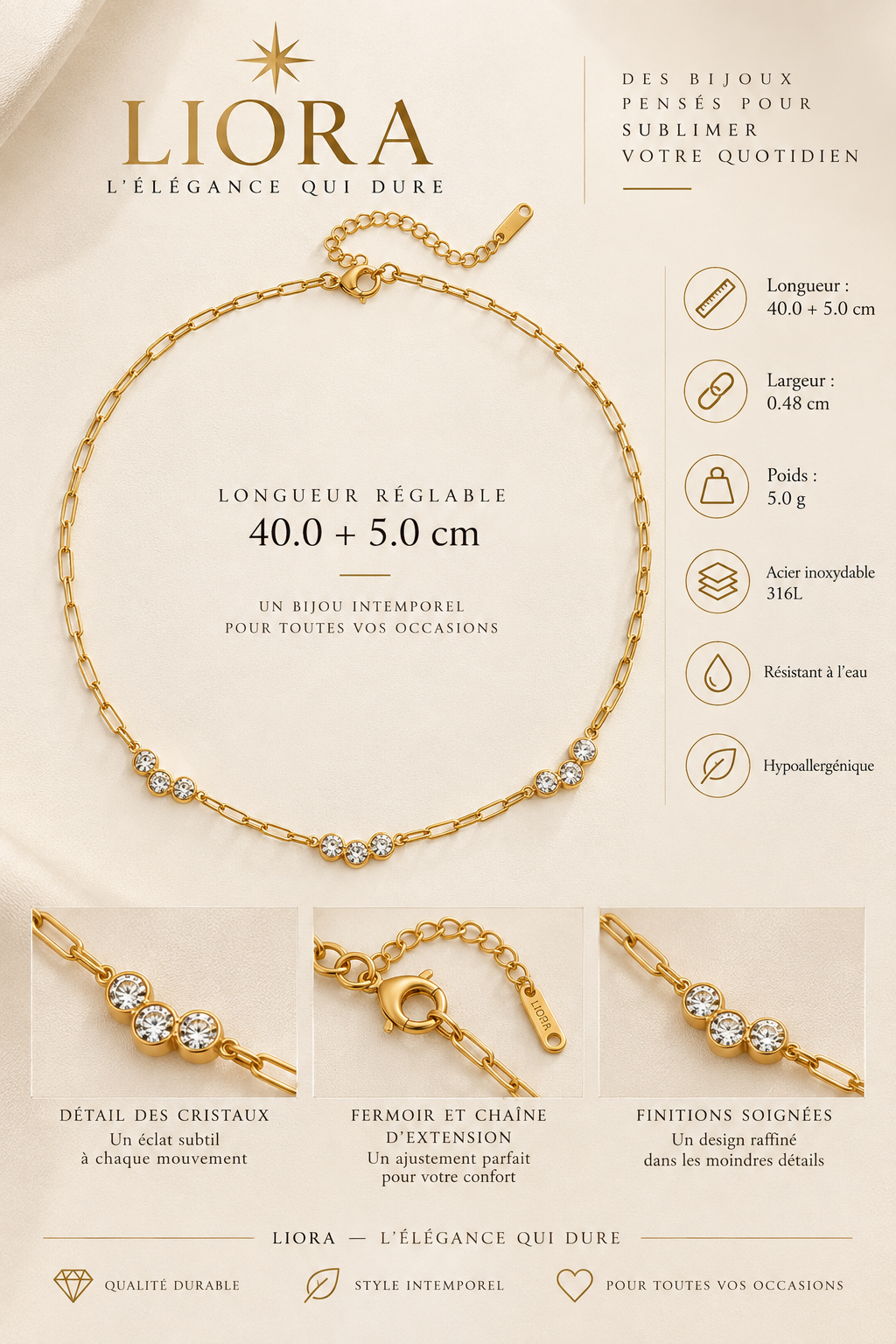 ÉLORIA — Gold-tone crystal necklace | 3 variants