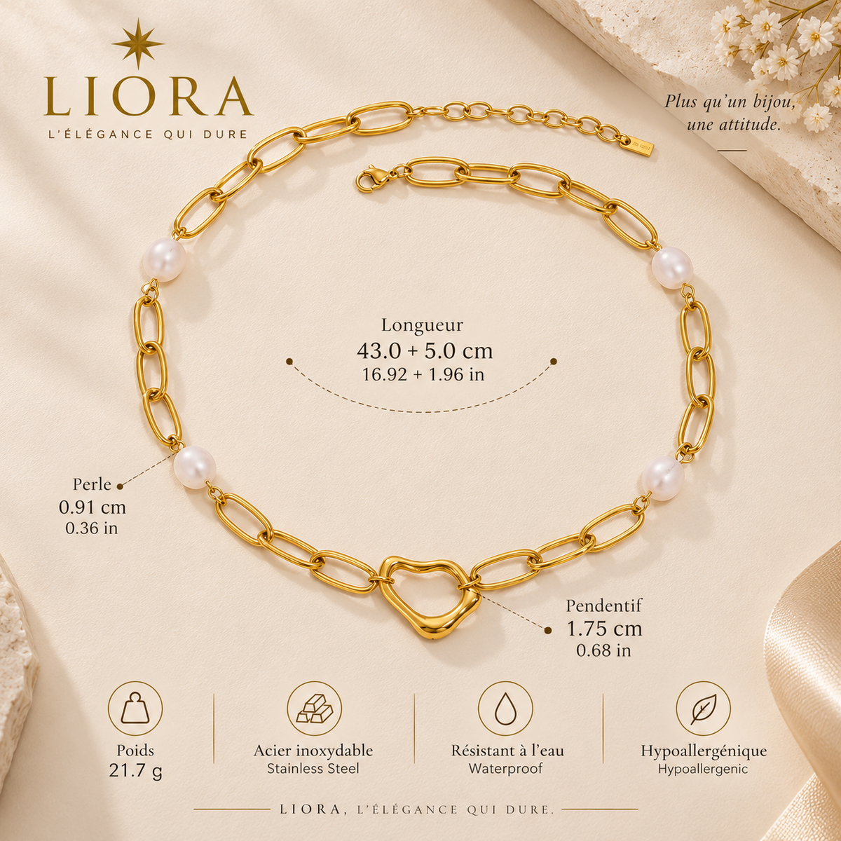 ALTHEA — Collier doré avec perles et pendentif organique