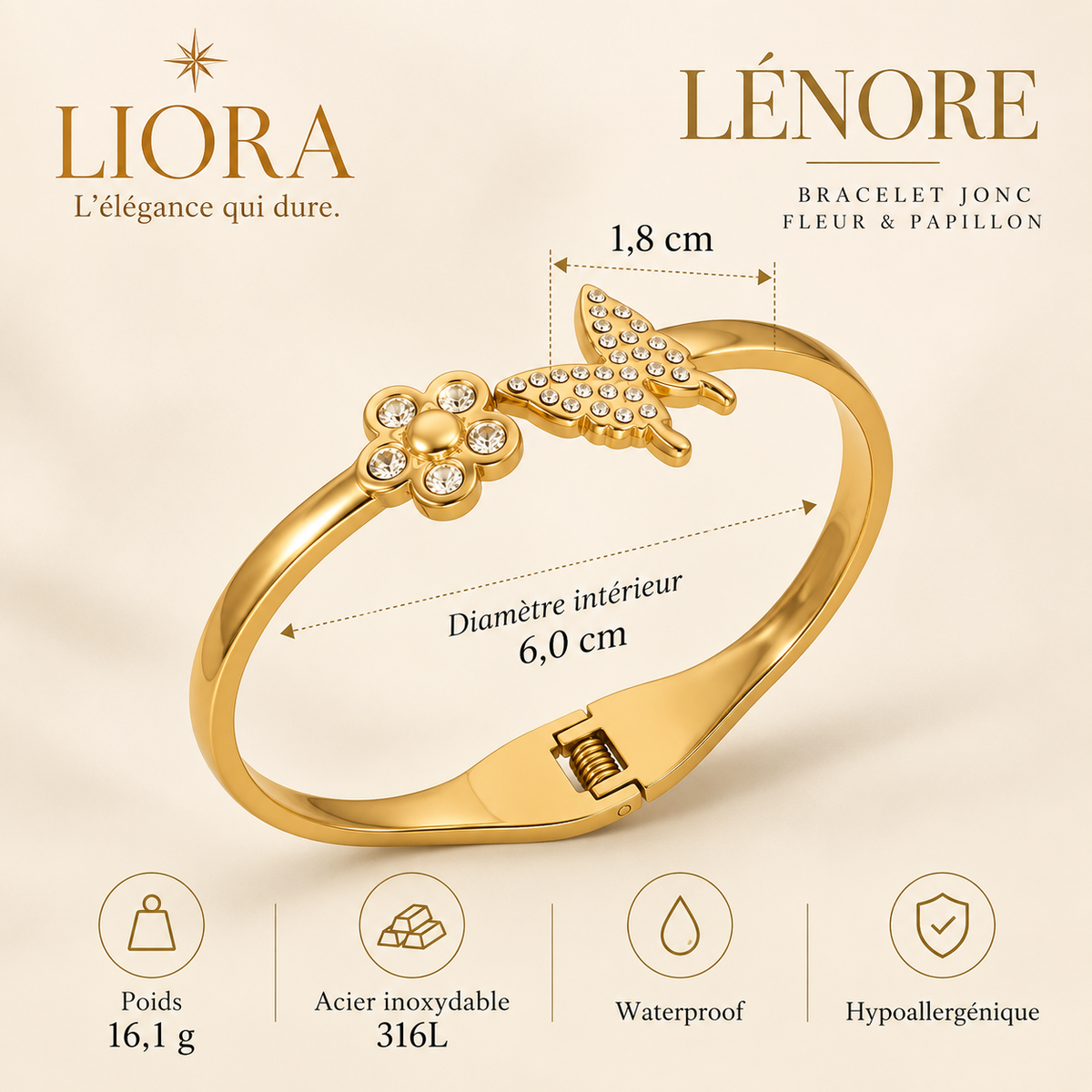 LÉNORE — Bracelet Jonc Fleur & Papillon